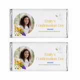 White wrapped personalised 40g chocolate bar with confirmation favours design showing a girl and religious symbols