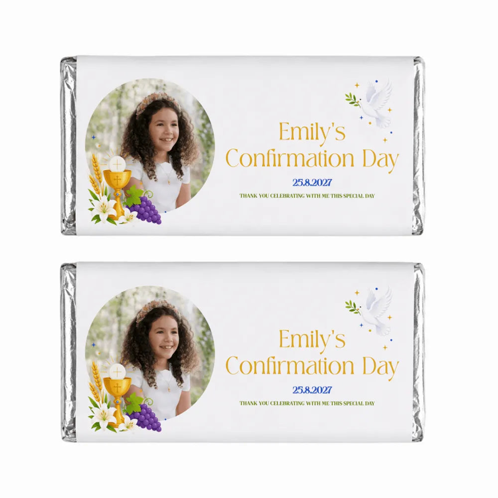 White wrapped personalised 40g chocolate bar with confirmation favours design showing a girl and religious symbols