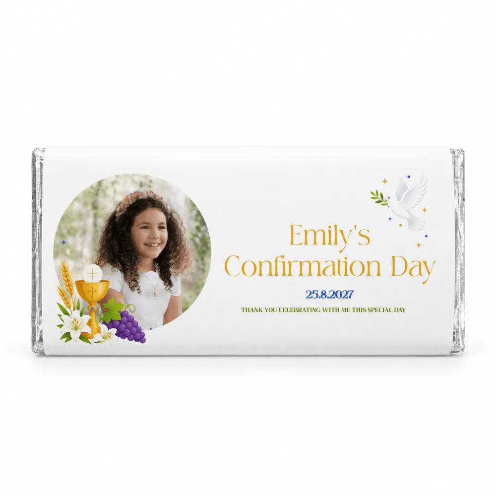 White chocolate bar wrapped in silver foil personalised 40g chocolate bar with confirmation favours design