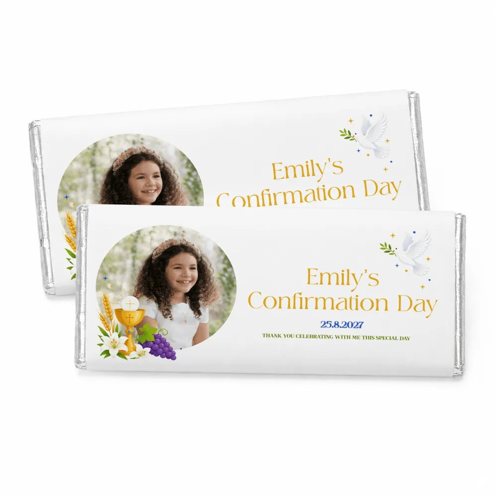 White chocolate personalised 40g chocolate bar with confirmation favours design featuring a girl and religious symbols