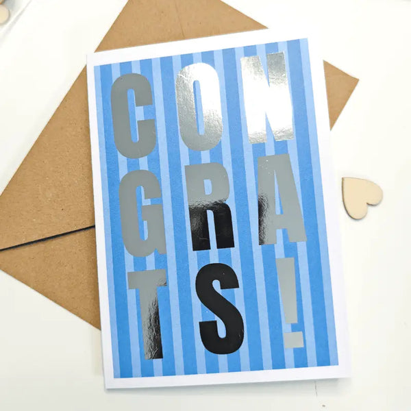 Blue and silver striped congratulations foil card with silver foil letters blank inside and kraft envelope included