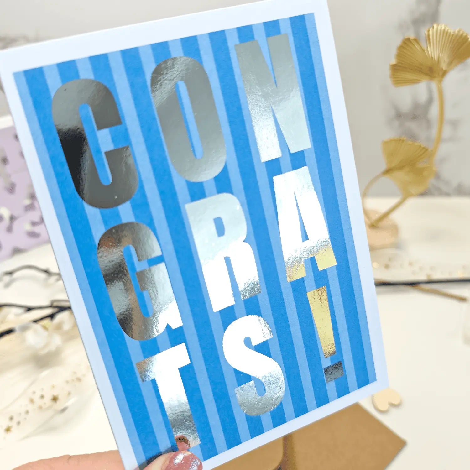 Congrats Foil Card | Blue and Silver Striped Greeting Card - Greeting Card