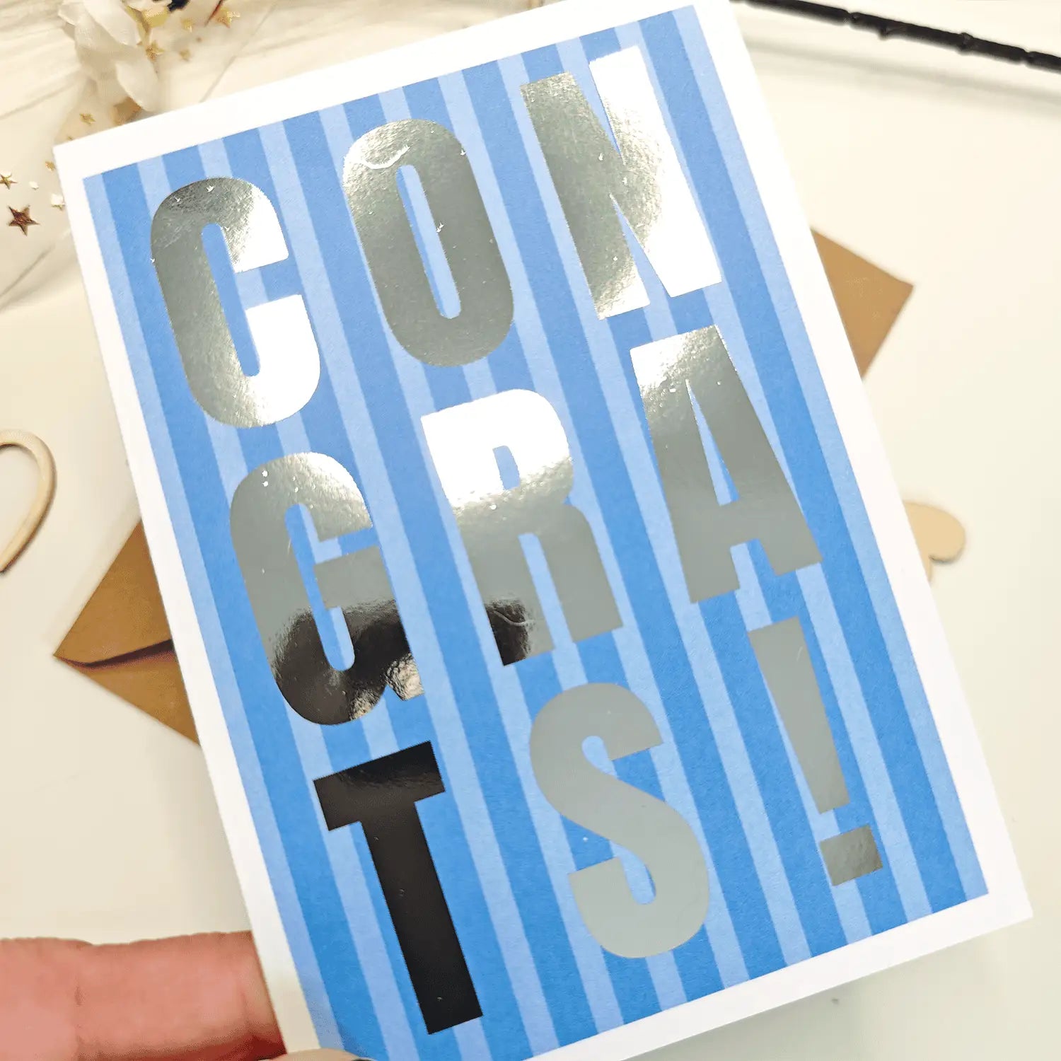 Congrats Foil Card | Blue and Silver Striped Greeting Card - Greeting Card