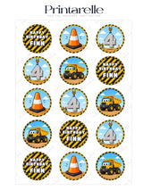 Yellow cartoon dump trucks cupcake toppers with friendly faces on wafer paper for construction 4th birthday cakes