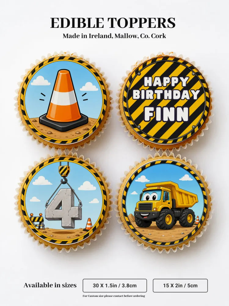 Yellow cartoon dump truck edible cupcake topper with friendly face on wafer paper in yellow and black striped border