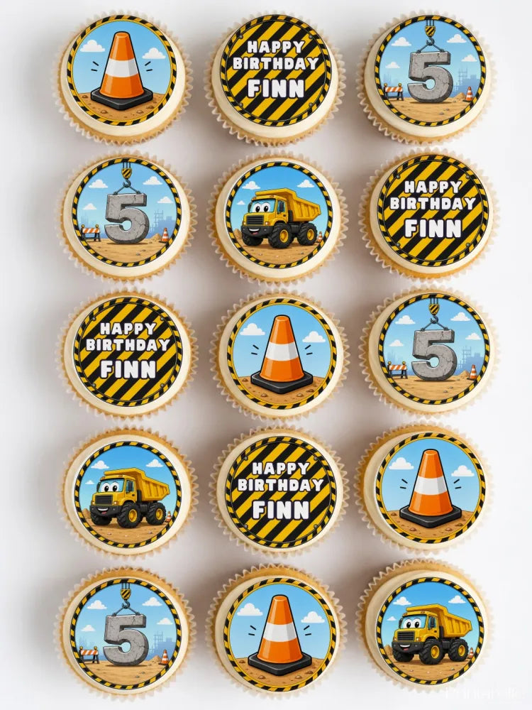 Construction 5th birthday personalised cupcake toppers with orange cones yellow dump trucks and number 5 on icing sheet