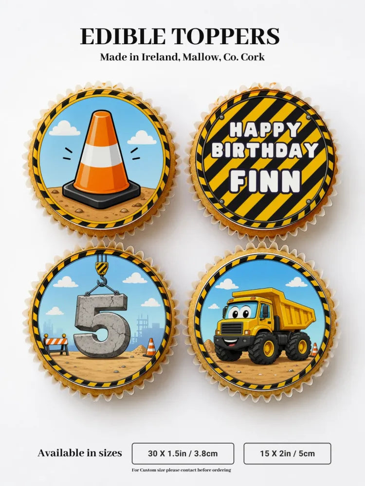 Orange and white traffic cone cupcake topper with black yellow striped border on edible wafer paper for construction party