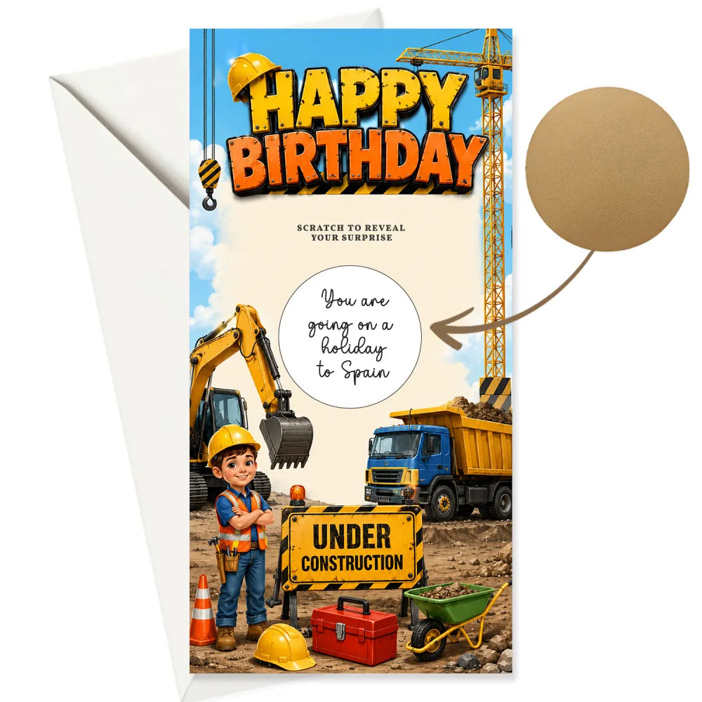 Yellow and orange construction birthday scratch card featuring a cartoon boy in safety gear with heavy machinery illustration