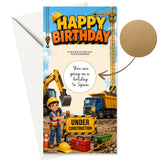 Yellow and orange construction birthday scratch card featuring a cartoon boy in safety gear with heavy machinery illustration