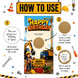 Yellow and black construction birthday scratch card with a scratch-off circle revealing holiday to spain message