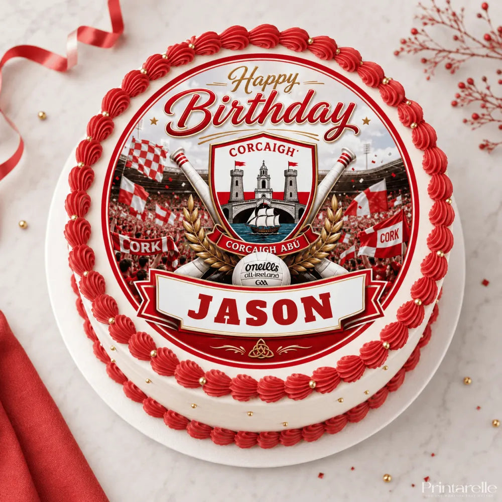 Red and white frosted birthday cake with cork gaa cake topper icing sheet featuring sports-themed crest and hurleys