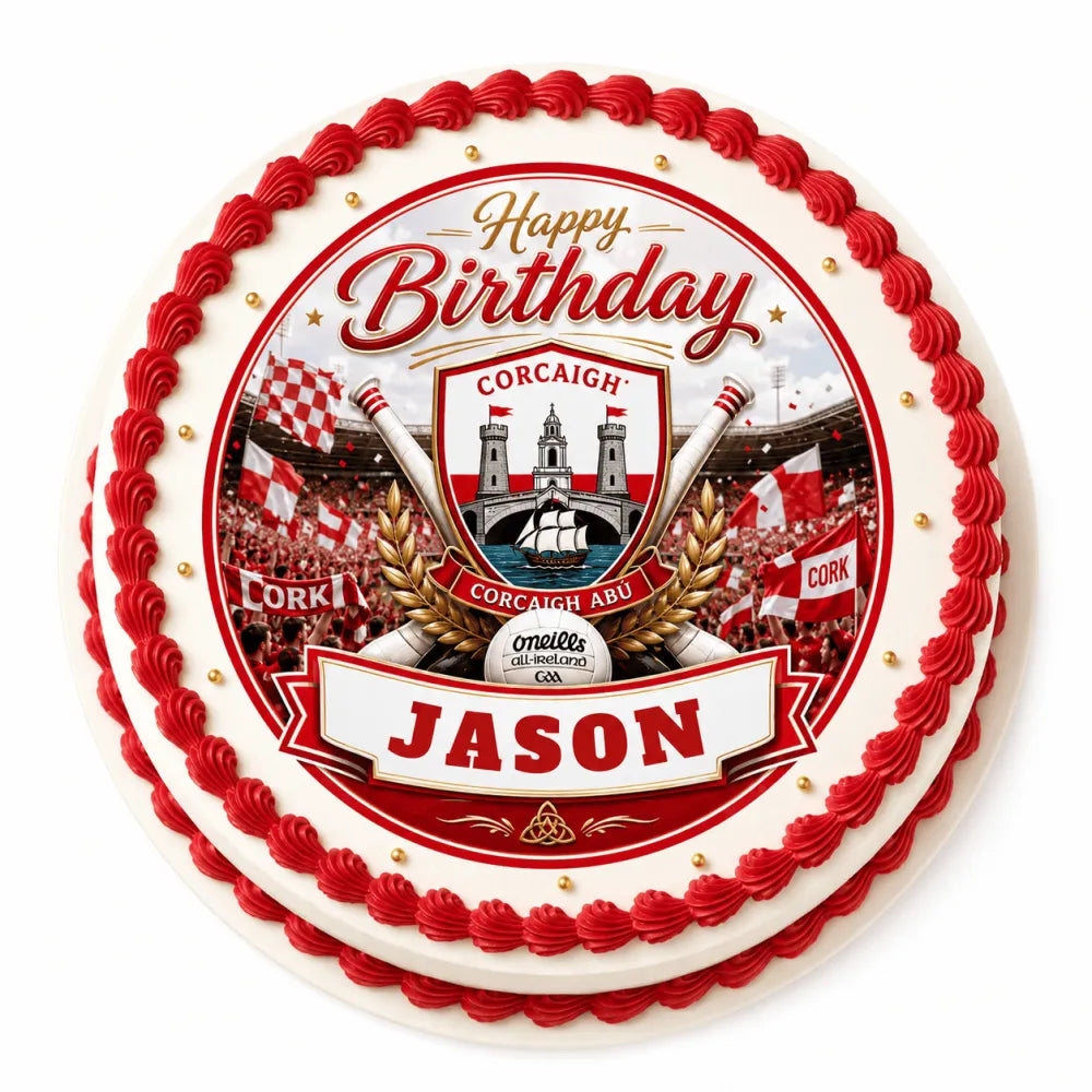 Red and white frosted birthday cake with cork gaa sports-themed icing sheet cake topper featuring name jason