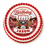 Red and white frosted birthday cake with cork gaa sports-themed icing sheet cake topper featuring name jason