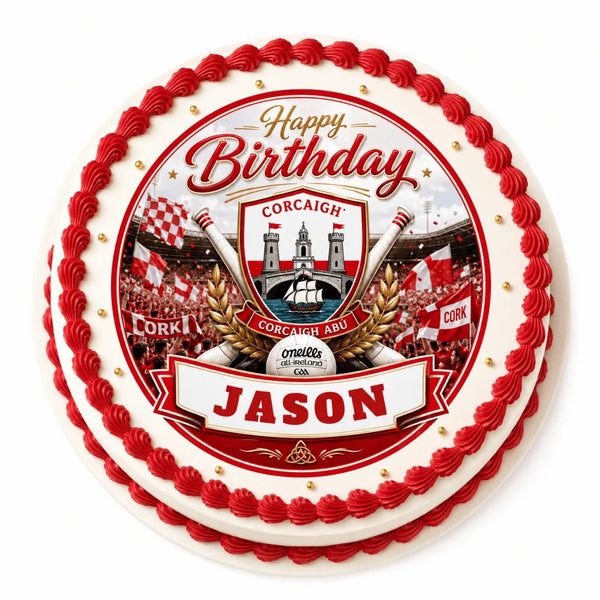 Red and white frosted birthday cake with cork gaa sports-themed icing sheet cake topper featuring name jason