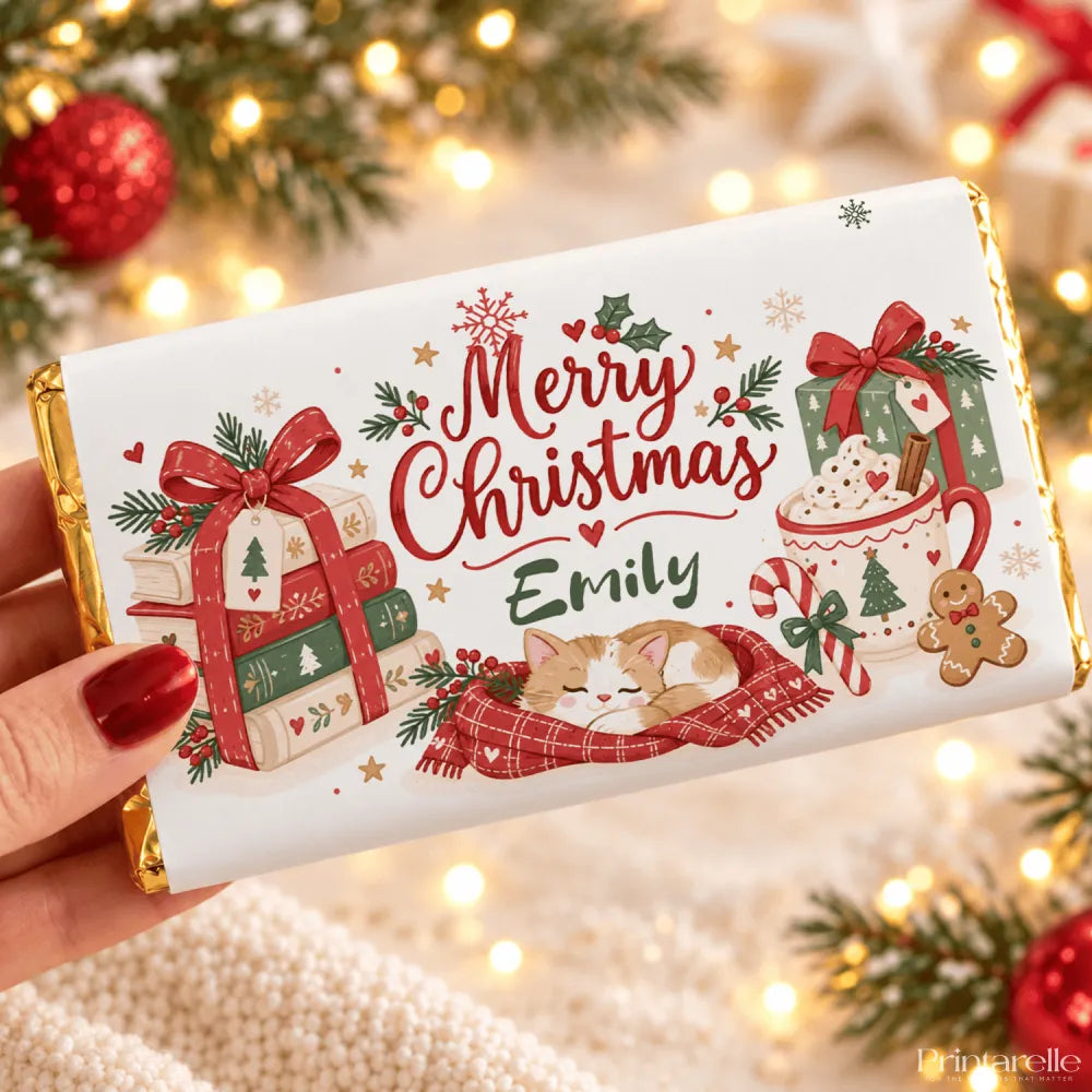 A personalised white chocolate christmas chocolate wrap with festive illustrations gold foil edges and green script emily name