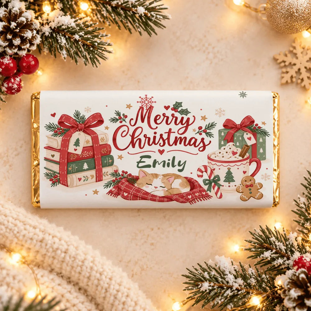 A personalised white christmas chocolate bar with gold foil edges and a cosy cat and books festive chocolate wrap