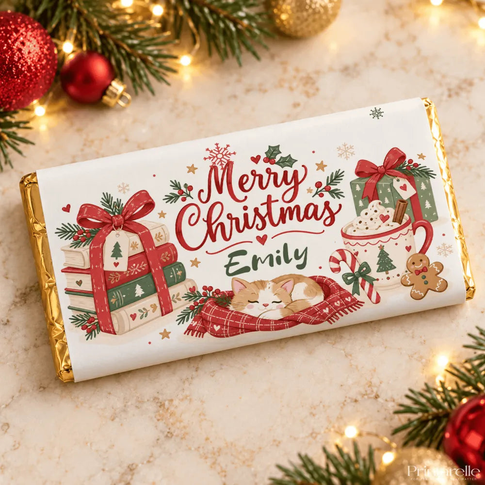Personalised christmas chocolate wrap with white chocolate bar, festive illustrations, gold foil edges, and name emily in script