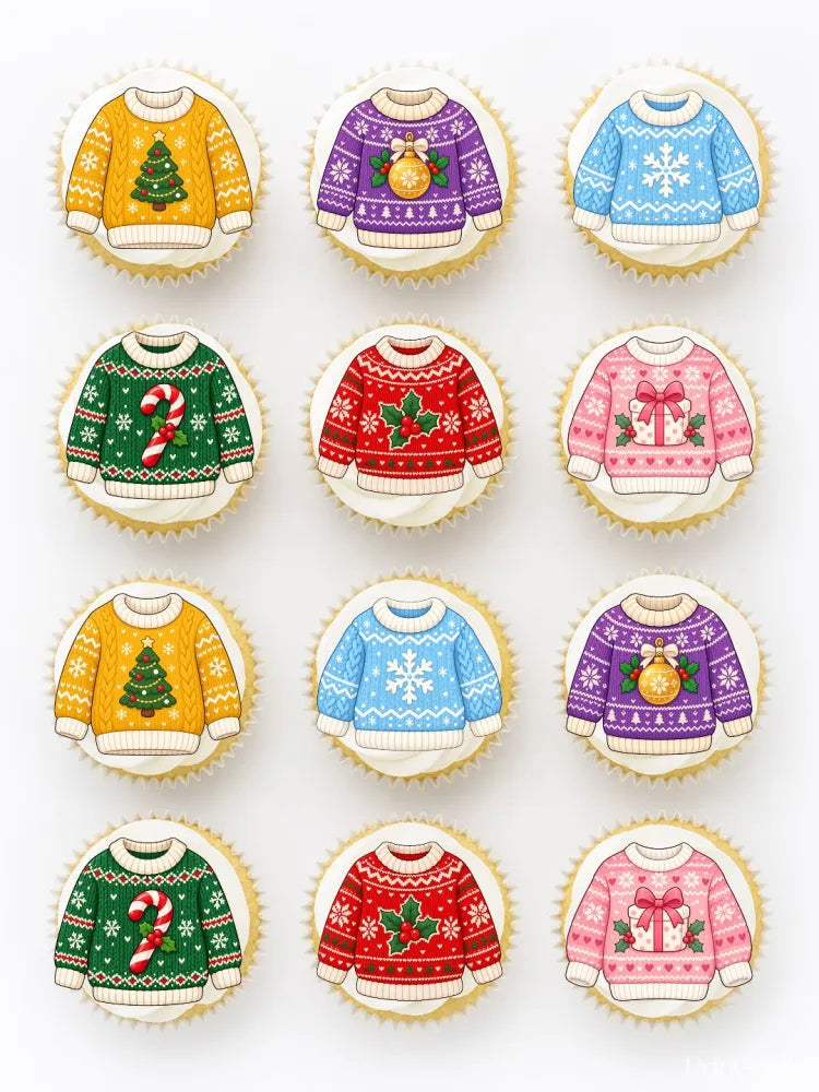 Cosy christmas jumper cupcake toppers featuring vibrant yellow purple blue green red and pink festive knit patterns