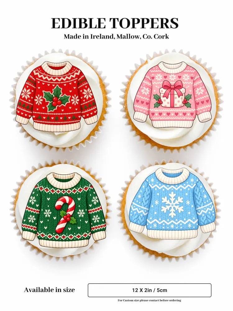 Cosy christmas jumper cupcake toppers in red green pink and blue festive sweater designs for holiday treats