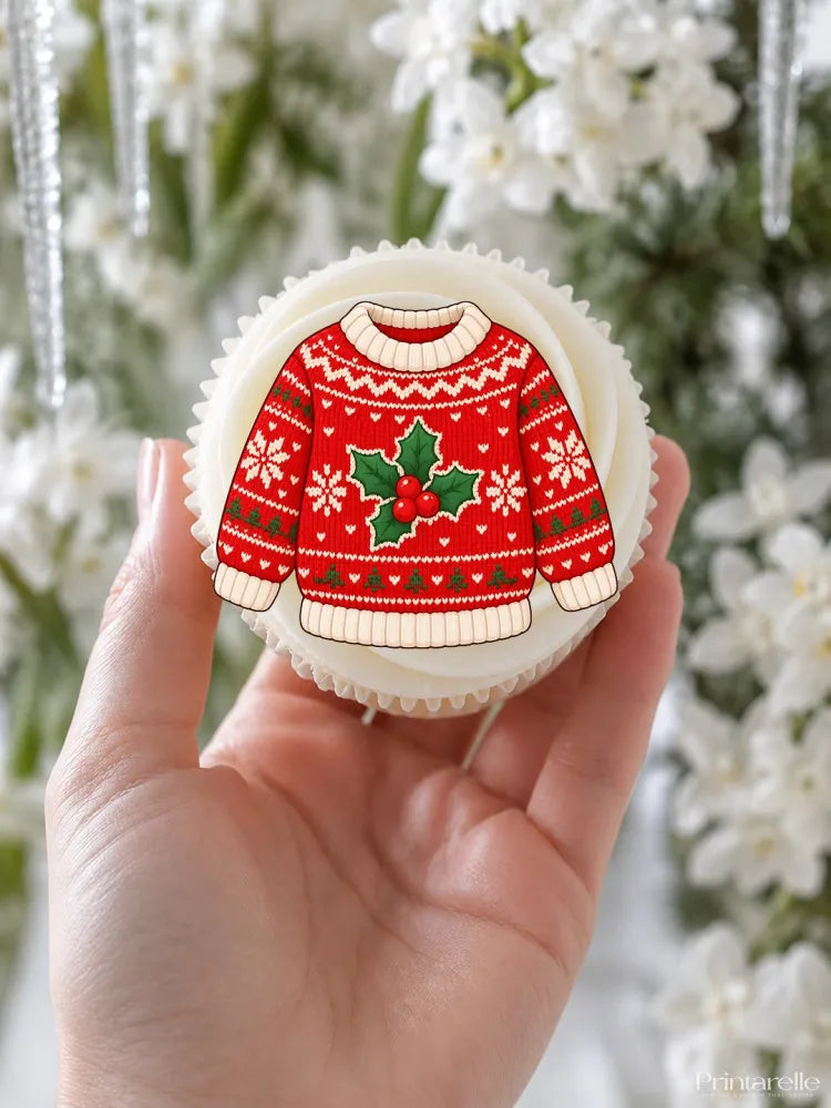 A red christmas jumper cupcake topper with white snowflakes and green holly on a frosted cupcake for festive fun