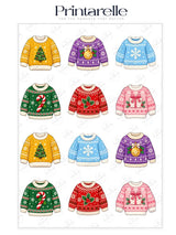 A colorful collection of christmas jumper cupcake toppers with festive patterns like trees candy canes and bows
