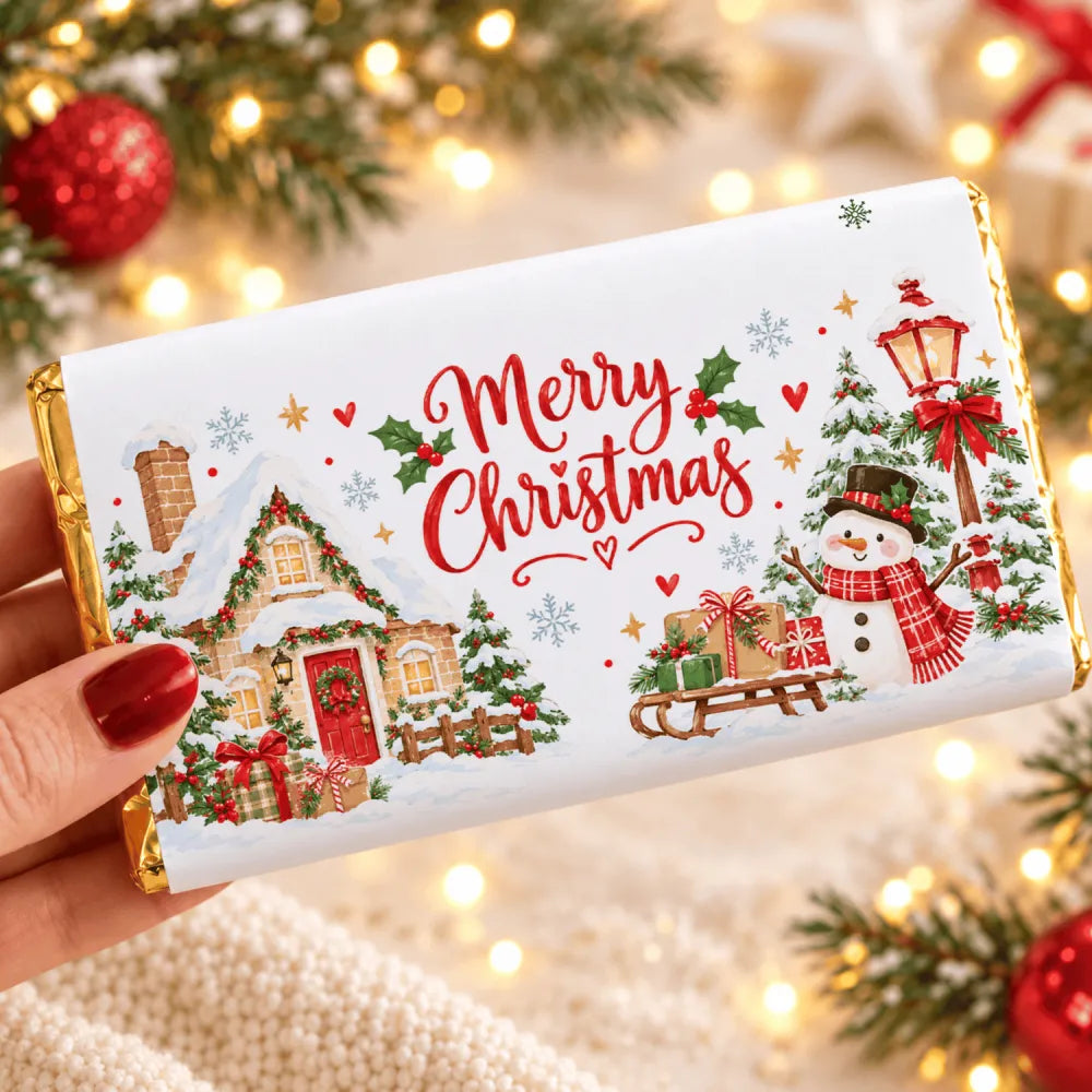 A festive white chocolate bar with a cosy cottage and snowman christmas chocolate bar wrap in gold foil