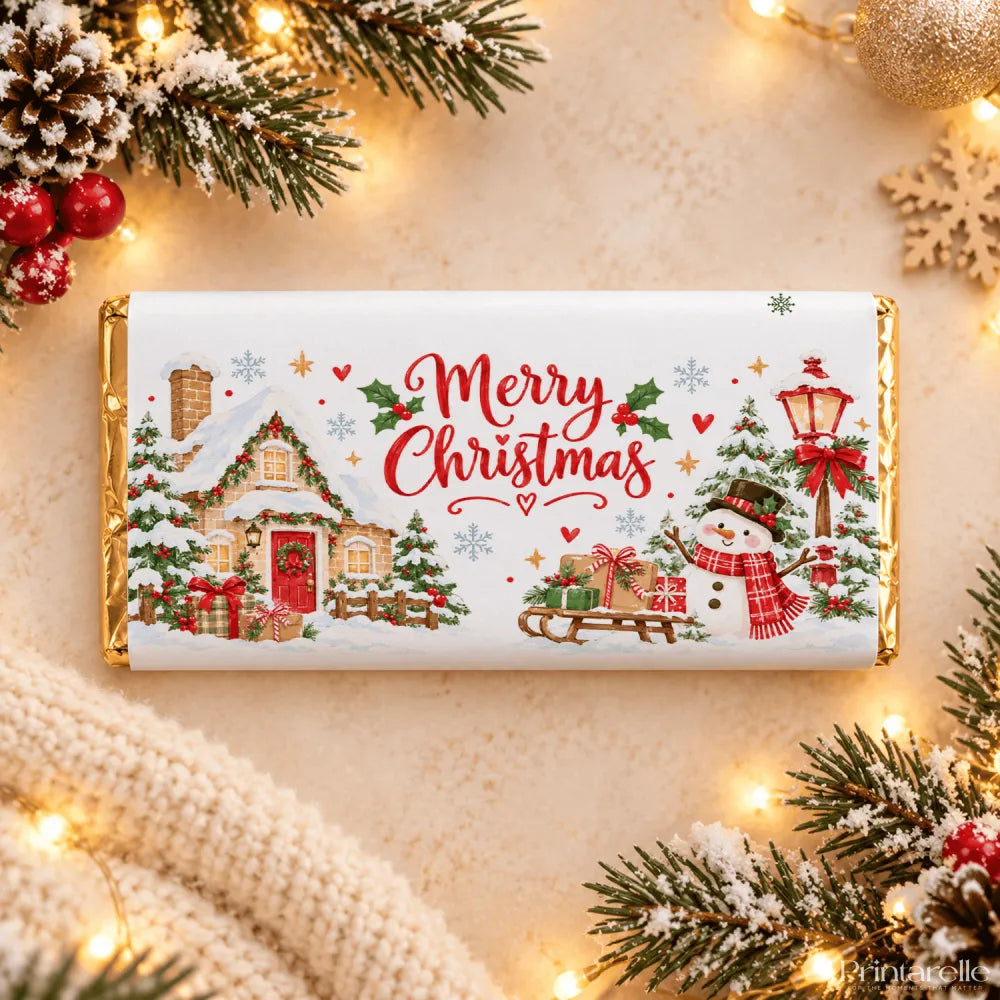A festive white chocolate bar with gold foil edges and a christmas scene on a cosy cottage and snowman chocolate bar wrap