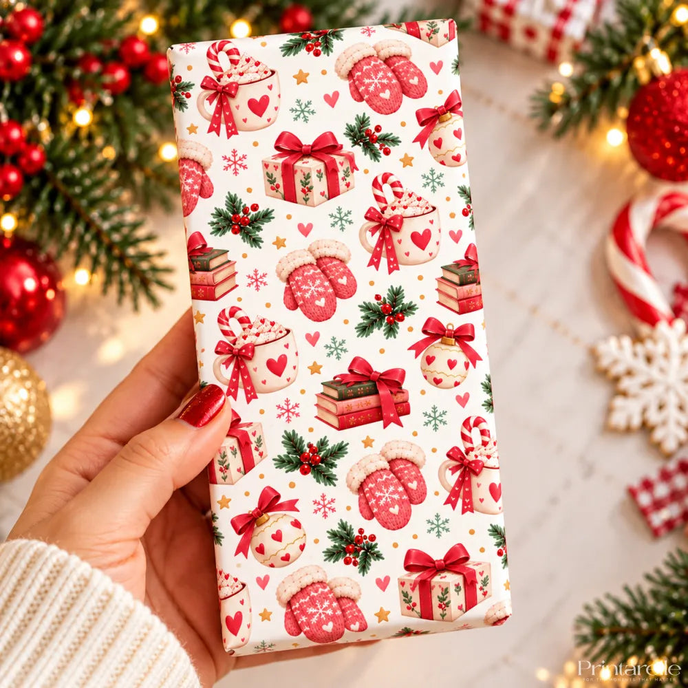 A festive red and white cosy mittens 100g chocolate bar wrap with mitten candy cane and present patterns