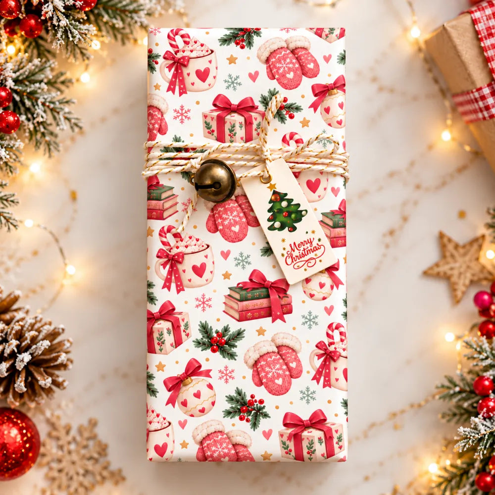 A festive cosy mittens 100g chocolate bar wrap featuring white paper with red mittens candy canes and bows