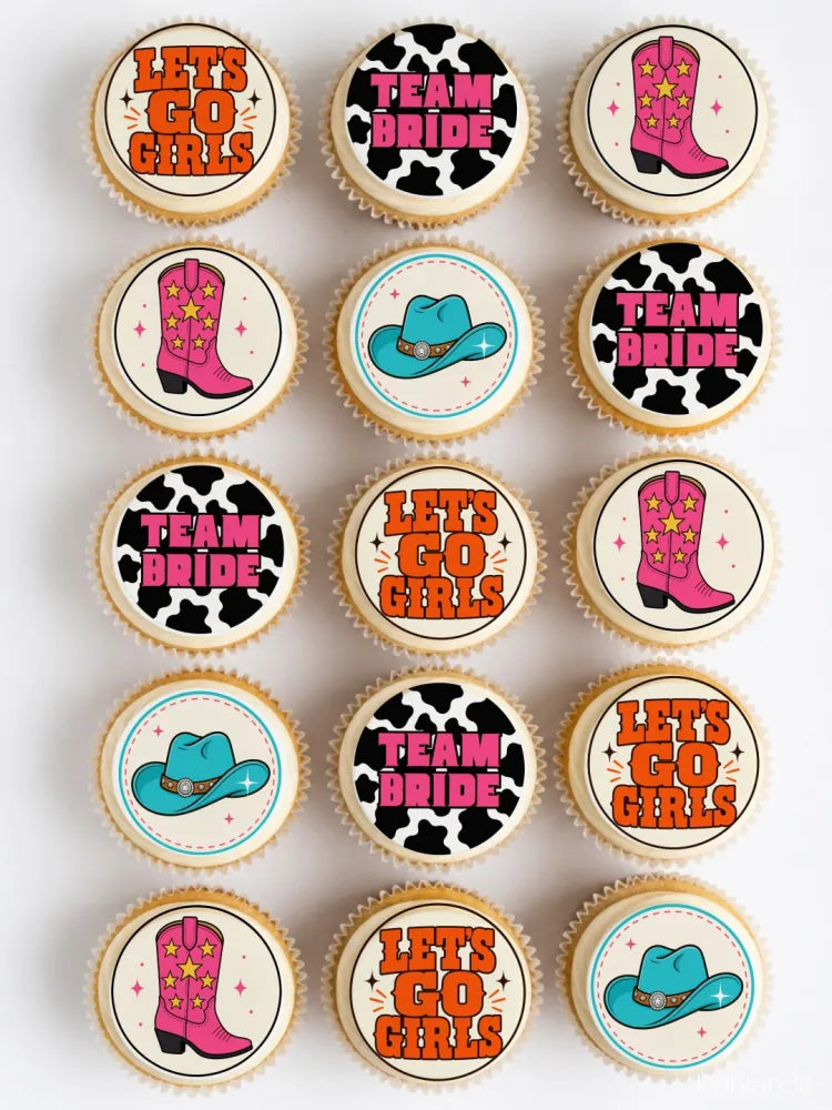Pink cowboy boot edible cupcake topper with yellow stars for cowgirl hen party on white background
