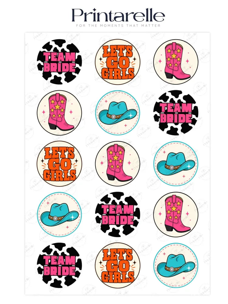 Pink cowboy boots with yellow stars edible cupcake topper in circular sticker style for cowgirl hen party fun