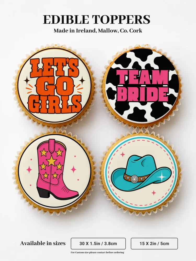Pink cowboy boot edible topper with yellow stars on cream background for cowgirl hen party cupcakes