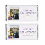 Personalised 40g white chocolate bar with boy photo gold cross chalice and purple grapes for james first holy communion