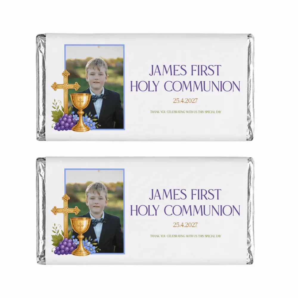 Personalised 40g white chocolate bar with boy photo gold cross chalice and purple grapes for james first holy communion