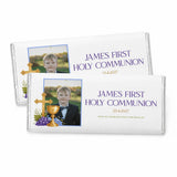 White chocolate bar with personalised 40g design featuring a boy photo, gold cross, chalice, grapes, and communion text