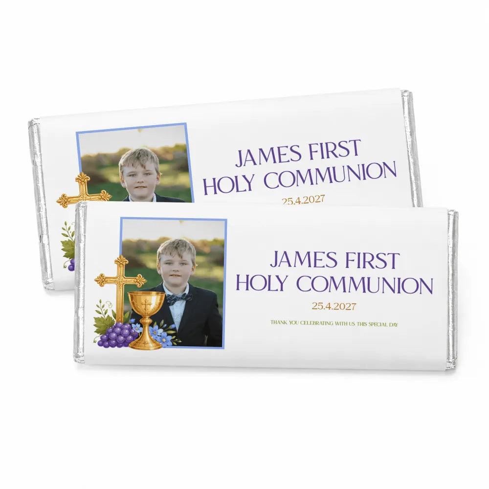 White chocolate bar with personalised 40g design featuring a boy photo, gold cross, chalice, grapes, and communion text