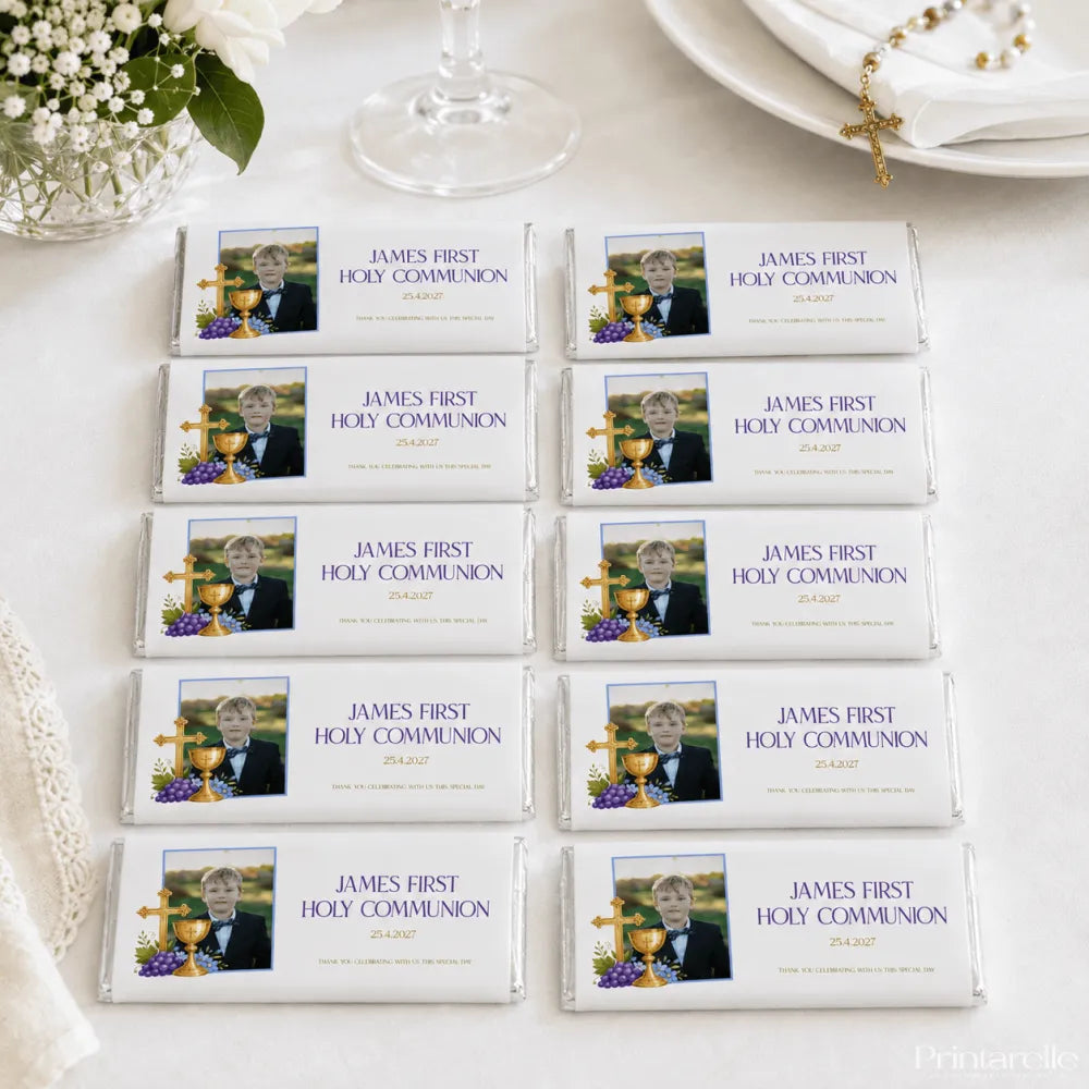 Personalised 40g white chocolate bar with gold cross and purple text featuring james first holy communion photo