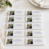 Personalised 40g white chocolate bar with gold cross and purple text featuring james first holy communion photo