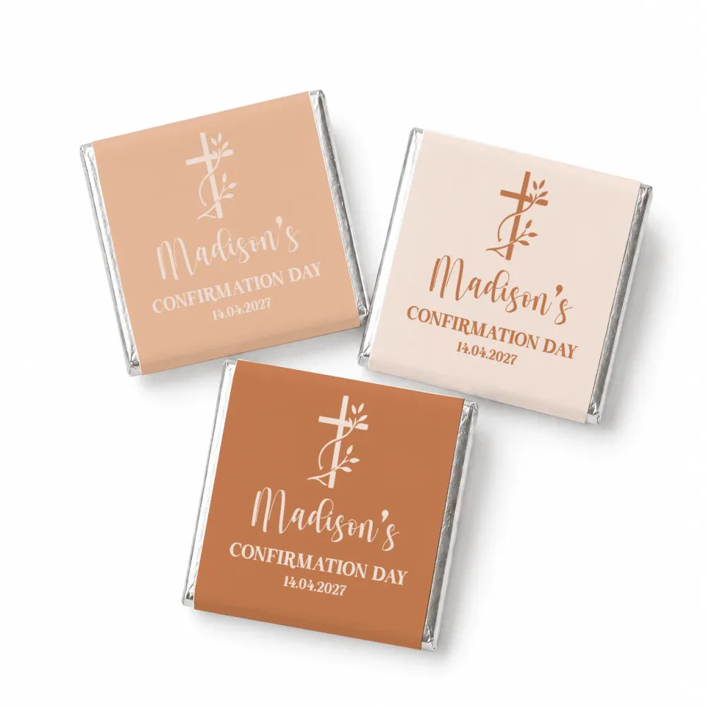 Three mini neapolitan chocolates with beige and terracotta labels for confirmation day featuring a decorative cross
