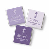 Lavender and white foil wrapped mini neapolitan chocolates with cross and vine design for confirmation favours