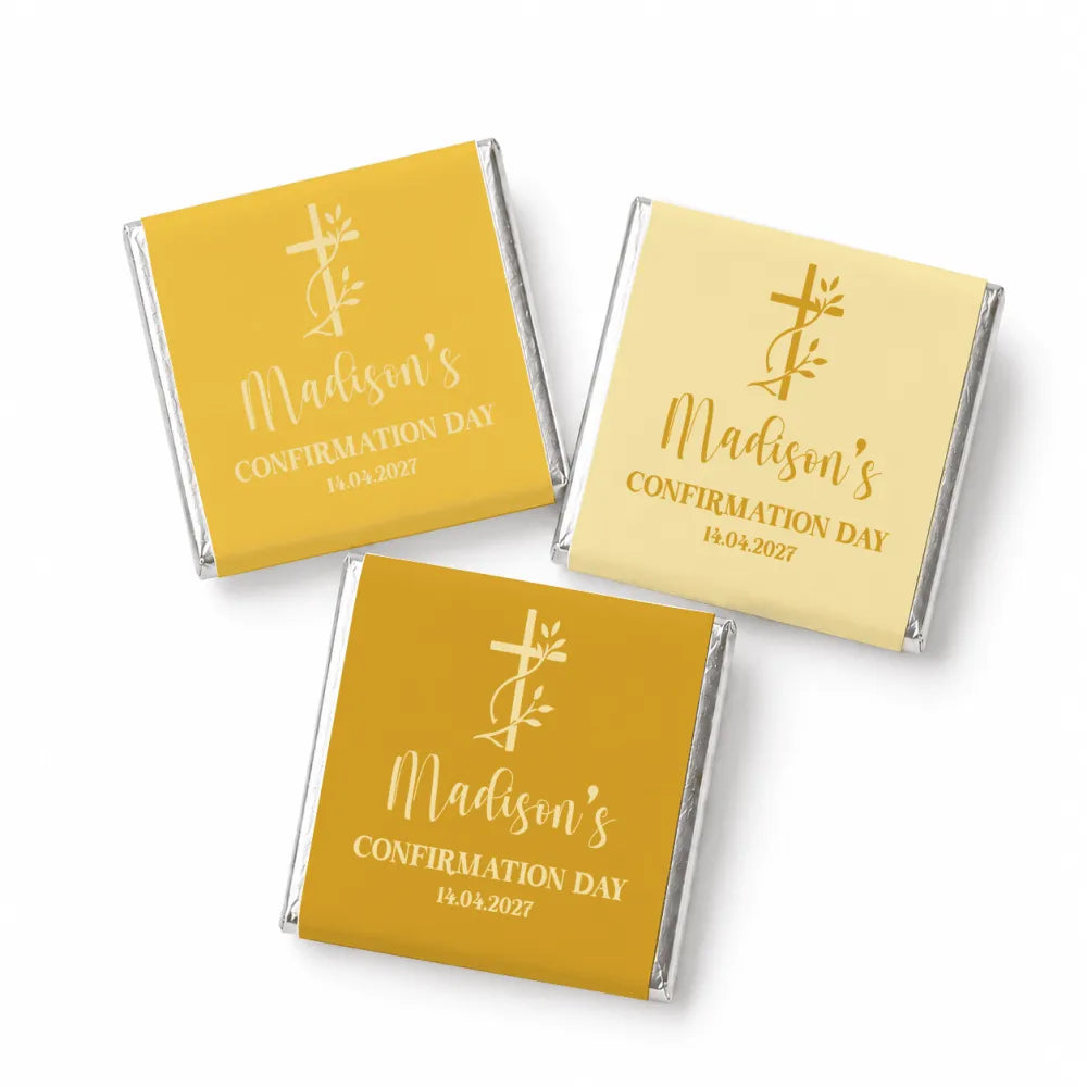Gold-foiled cross and floral design mini neapolitan chocolates wrapped in silver foil perfect for confirmation favours