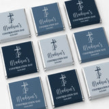 Personalized navy and gray mini neapolitan chocolates with silver foil and cross design for confirmation favours