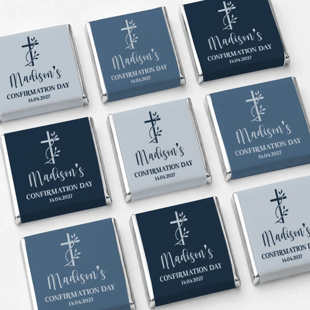 Personalized navy and gray mini neapolitan chocolates with silver foil and cross design for confirmation favours