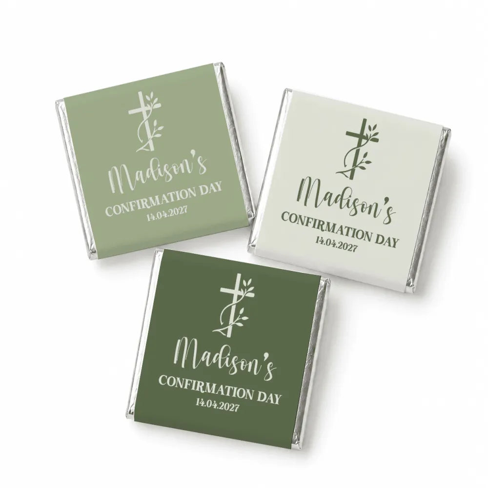 Three mini neapolitan chocolates individually wrapped in matte green and off-white foil with cross and vine design for confirmation favors