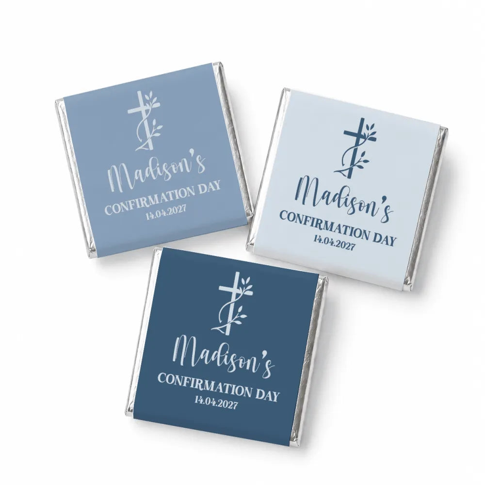 Three mini neapolitan chocolates wrapped in blue and gray foil with madisons confirmation day design for favors