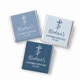 Three mini neapolitan chocolates wrapped in blue and gray foil with madisons confirmation day design for favors