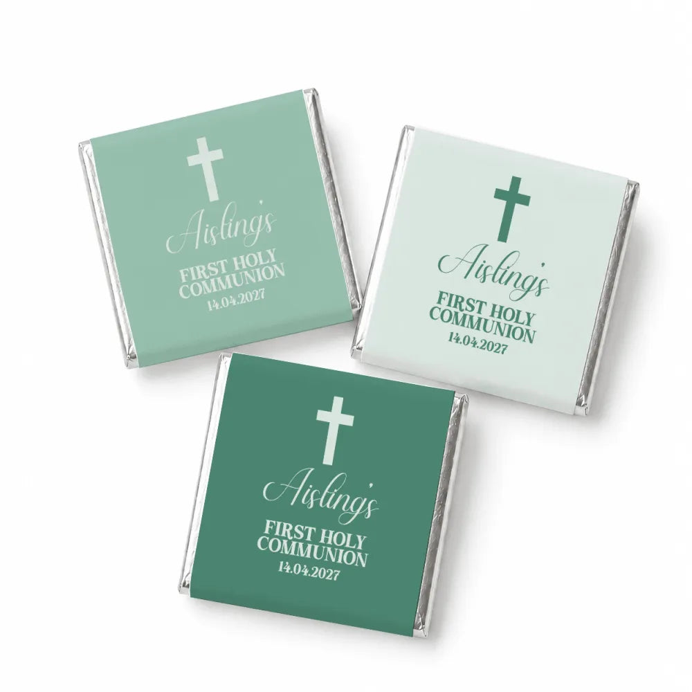 Three mini neapolitan chocolates wrapped in teal foil with a white cross for aisling holy communion favors