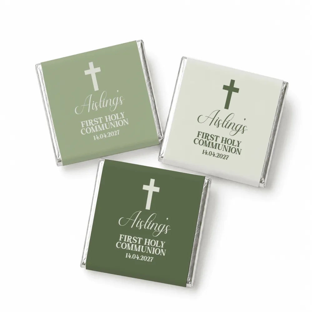 Three mini neapolitan chocolates wrapped in sage green and cream foil with cross design for a holy communion favor