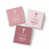 Pink and mauve mini neapolitan chocolates wrapped with white cross and aisling’s first holy communion print design