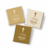 Three mini neapolitan chocolates wrapped in matte gold and cream foil with gold cross for aisling’s holy communion